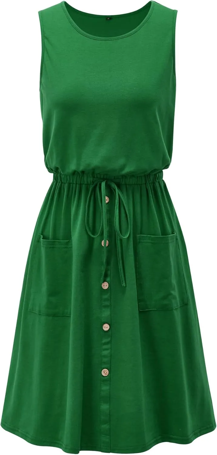 II ININ Women's Summer Casual Dress Sleeveless Midi Tank Dress Drawstring Button Down Sundress with Pockets