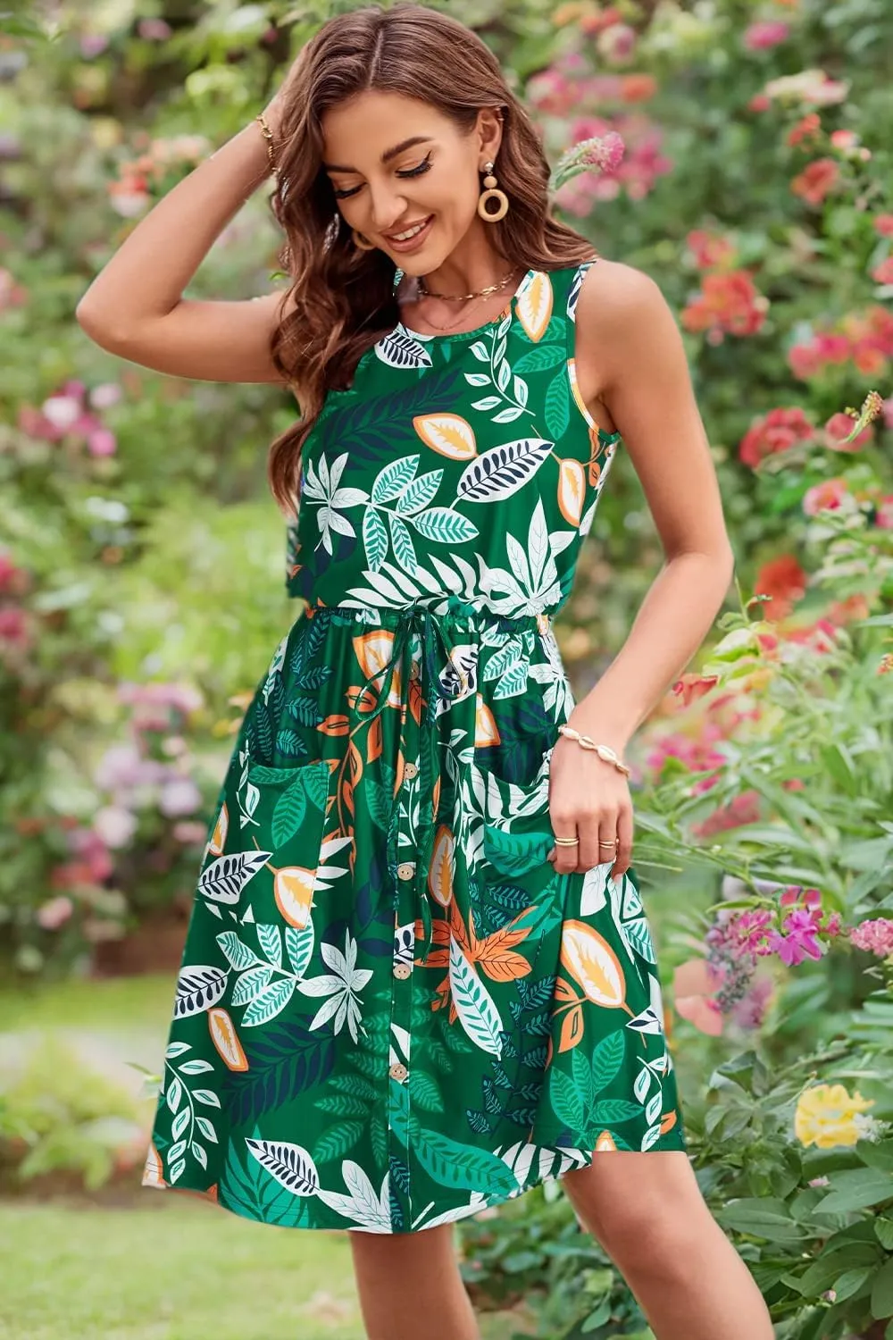 II ININ Women's Summer Casual Dress Sleeveless Midi Tank Dress Drawstring Button Down Sundress with Pockets