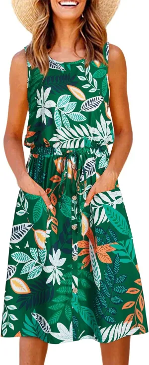 II ININ Women's Summer Casual Dress Sleeveless Midi Tank Dress Drawstring Button Down Sundress with Pockets