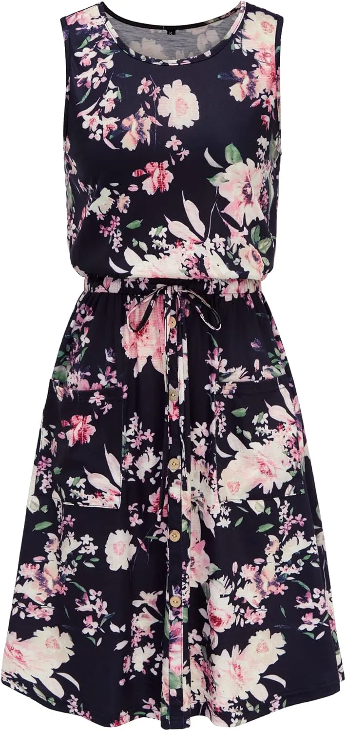 II ININ Women's Summer Casual Dress Sleeveless Midi Tank Dress Drawstring Button Down Sundress with Pockets