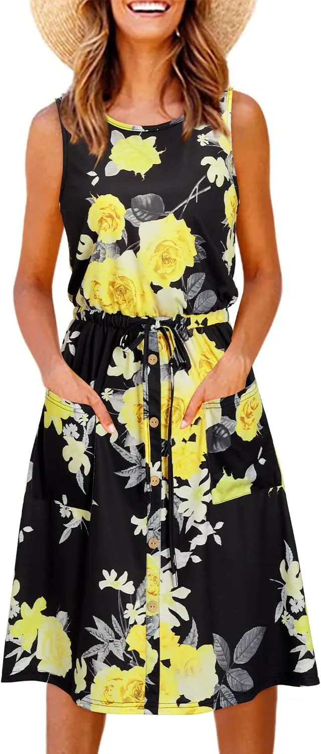 II ININ Women's Summer Casual Dress Sleeveless Midi Tank Dress Drawstring Button Down Sundress with Pockets