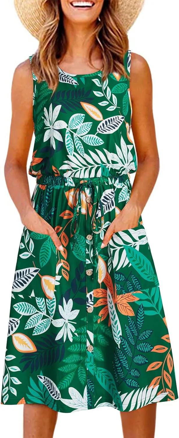II ININ Women's Summer Casual Dress Sleeveless Midi Tank Dress Drawstring Button Down Sundress with Pockets