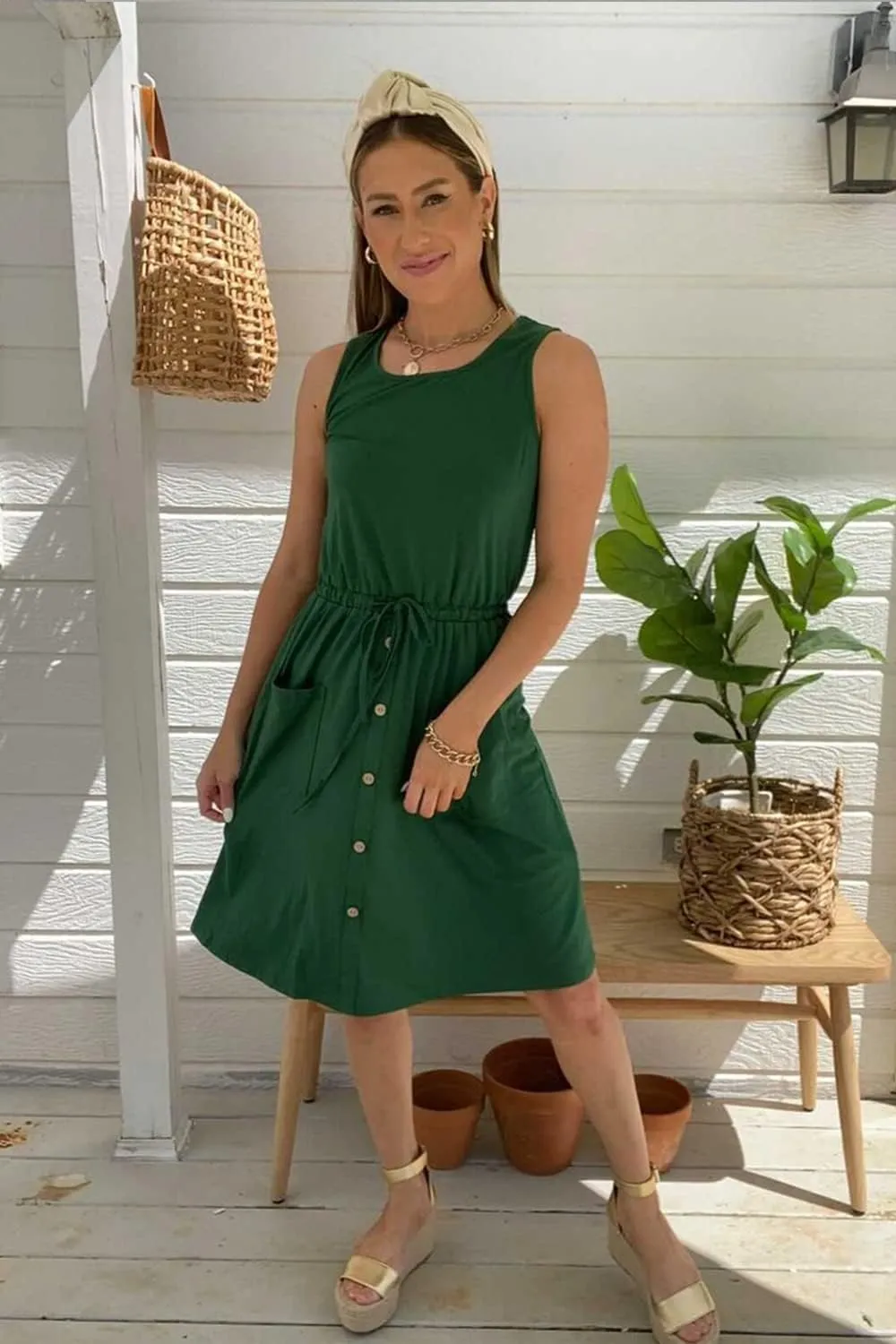 II ININ Women's Summer Casual Dress Sleeveless Midi Tank Dress Drawstring Button Down Sundress with Pockets
