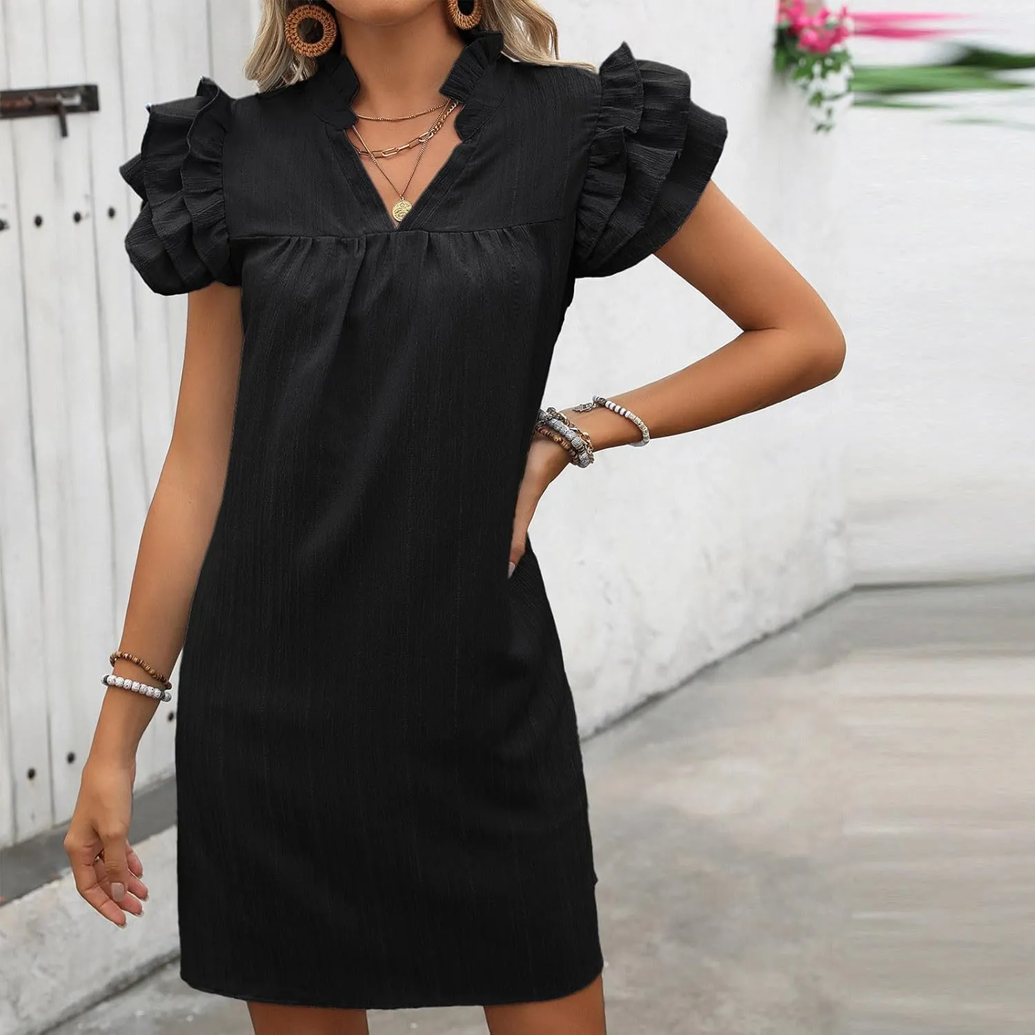 JOAU Womens Summer 2025 Layered Ruffle Cap Sleeve V Neck Shift Mini Dress Casual Loose Solid Flowy Cute Beach Shirt Dresses