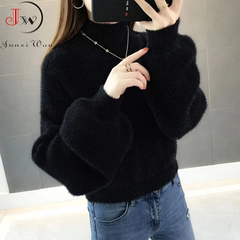 Joskaa Christmas Gift Thick Mohair Women Sweaters Turtleneck Soft Lantern Sleeve Short Pullovers Fashion Autumn Winter Sweater Solid Women Jumpers