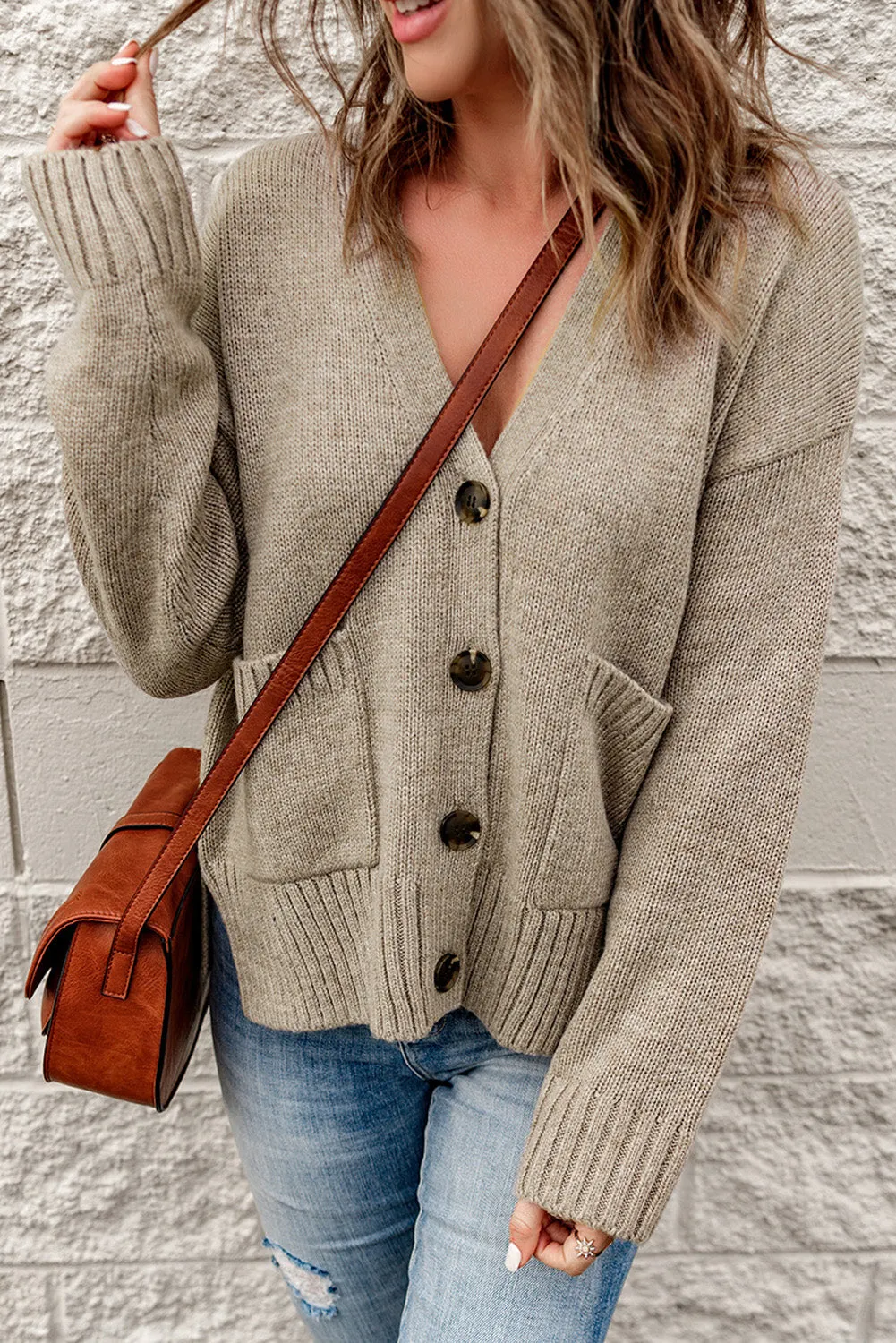 Khaki Drop Shoulder Button Front V Neck Cardigan with Pockets