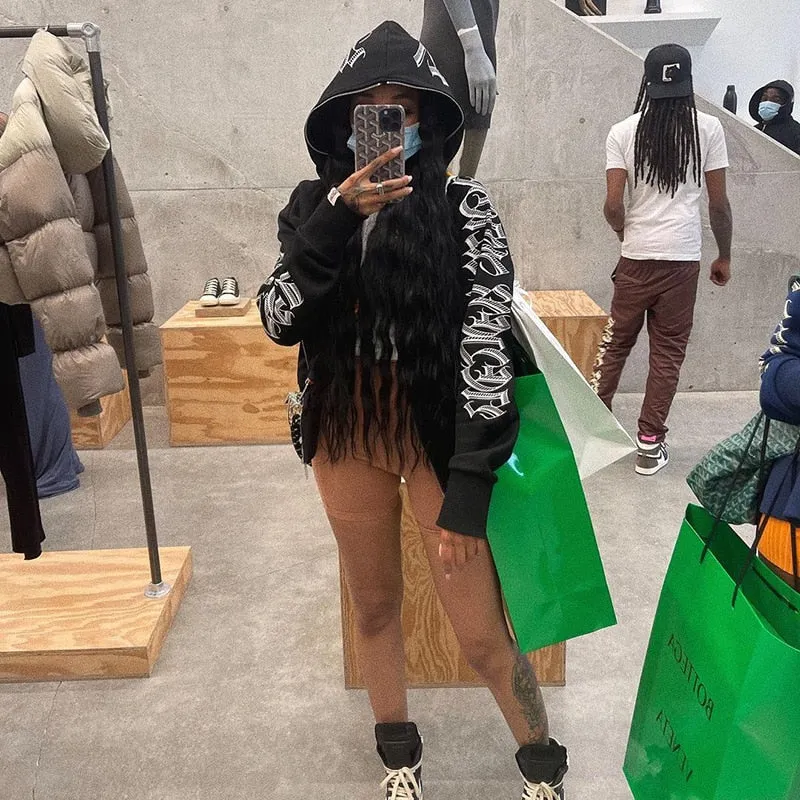 Letter Printed Zip Up Hoodies Women Grunge Punk Hooded Jackets Coats Y2k Oversized Retro Streetwear Sweatshirts