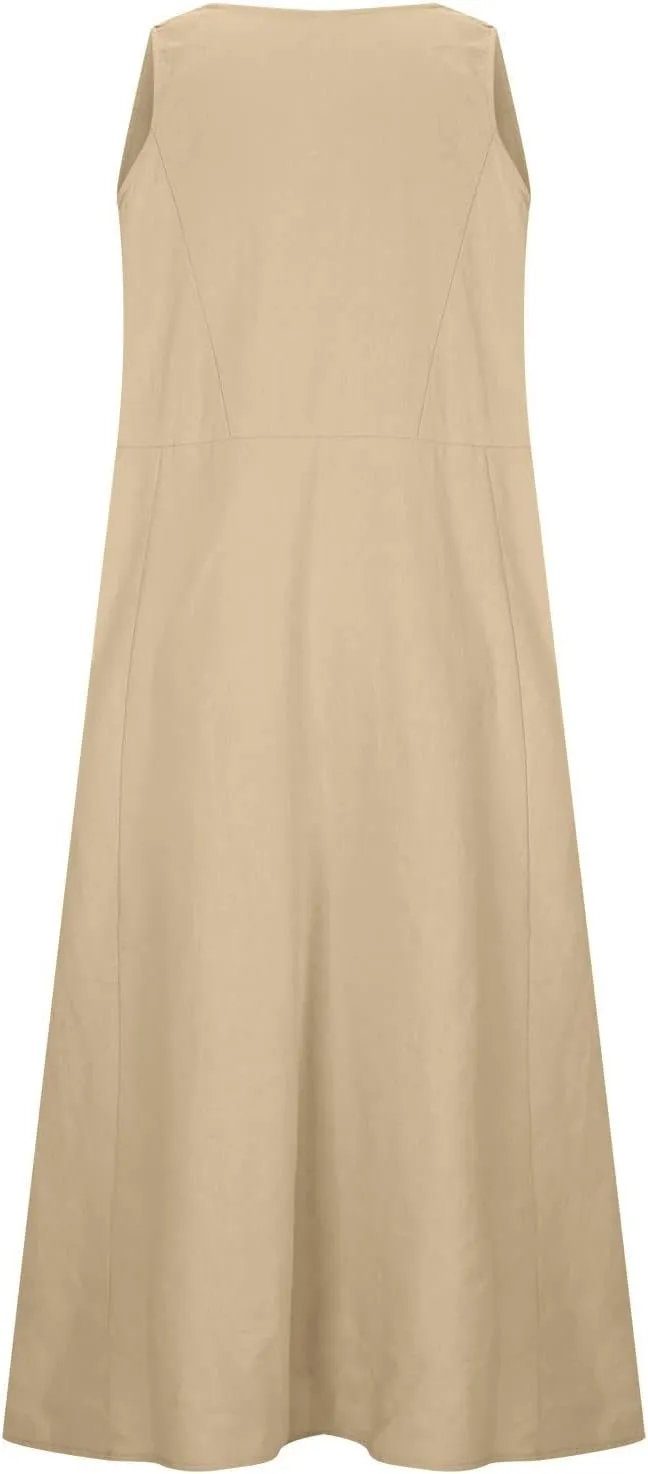 Linen Dresses for Women 2025 Casual Sleeveless Crewneck Cotton Dresses Summer Beach Flowy Long Maxi Dress
