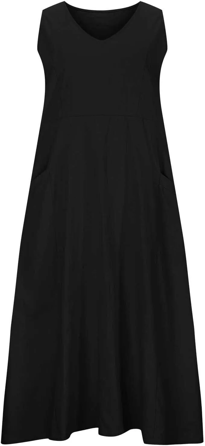 Linen Dresses for Women 2025 Casual Sleeveless Crewneck Cotton Dresses Summer Beach Flowy Long Maxi Dress