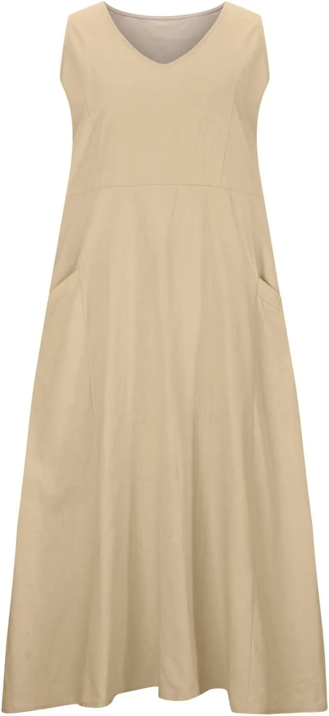 Linen Dresses for Women 2025 Casual Sleeveless Crewneck Cotton Dresses Summer Beach Flowy Long Maxi Dress