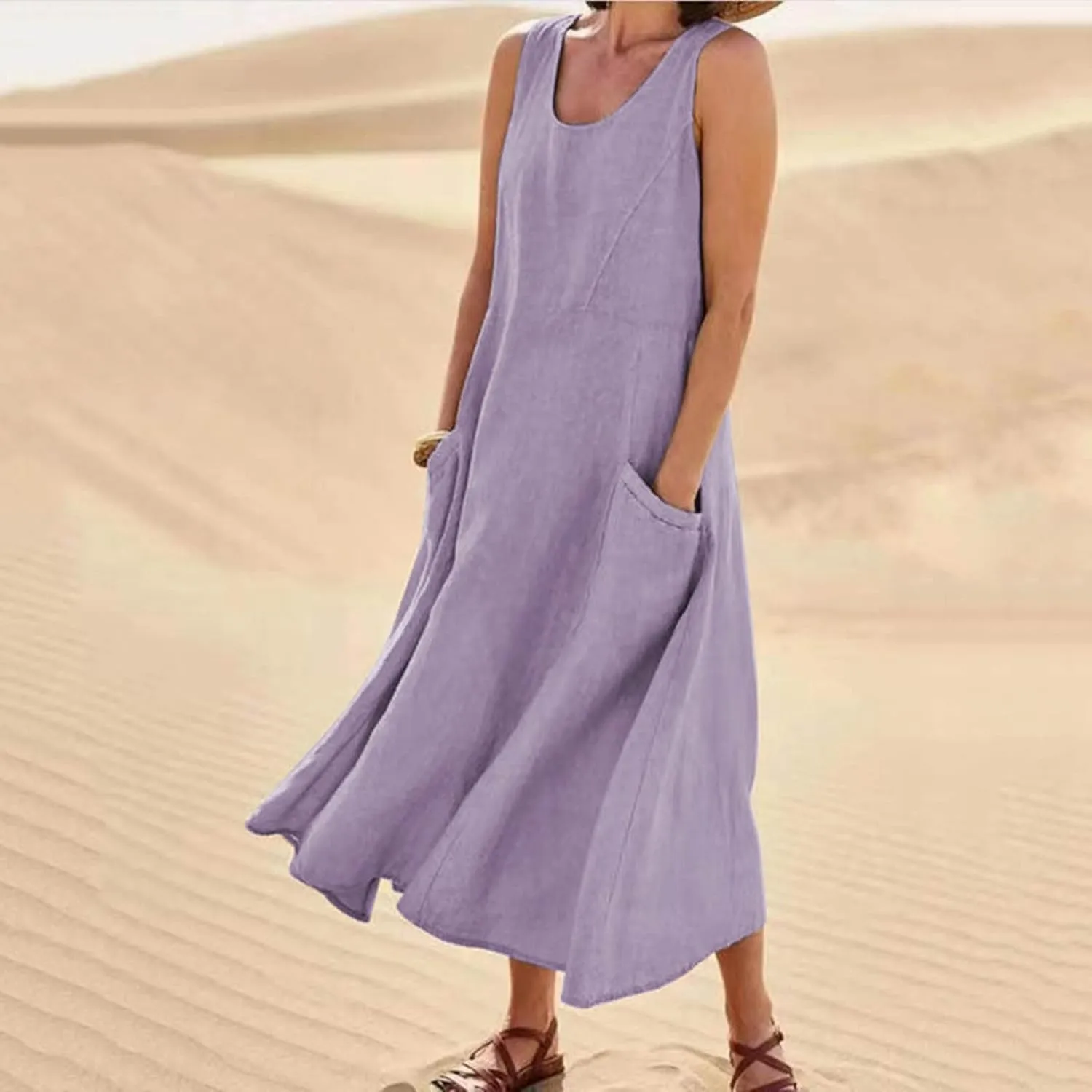 Linen Dresses for Women 2025 Casual Sleeveless Crewneck Cotton Dresses Summer Beach Flowy Long Maxi Dress