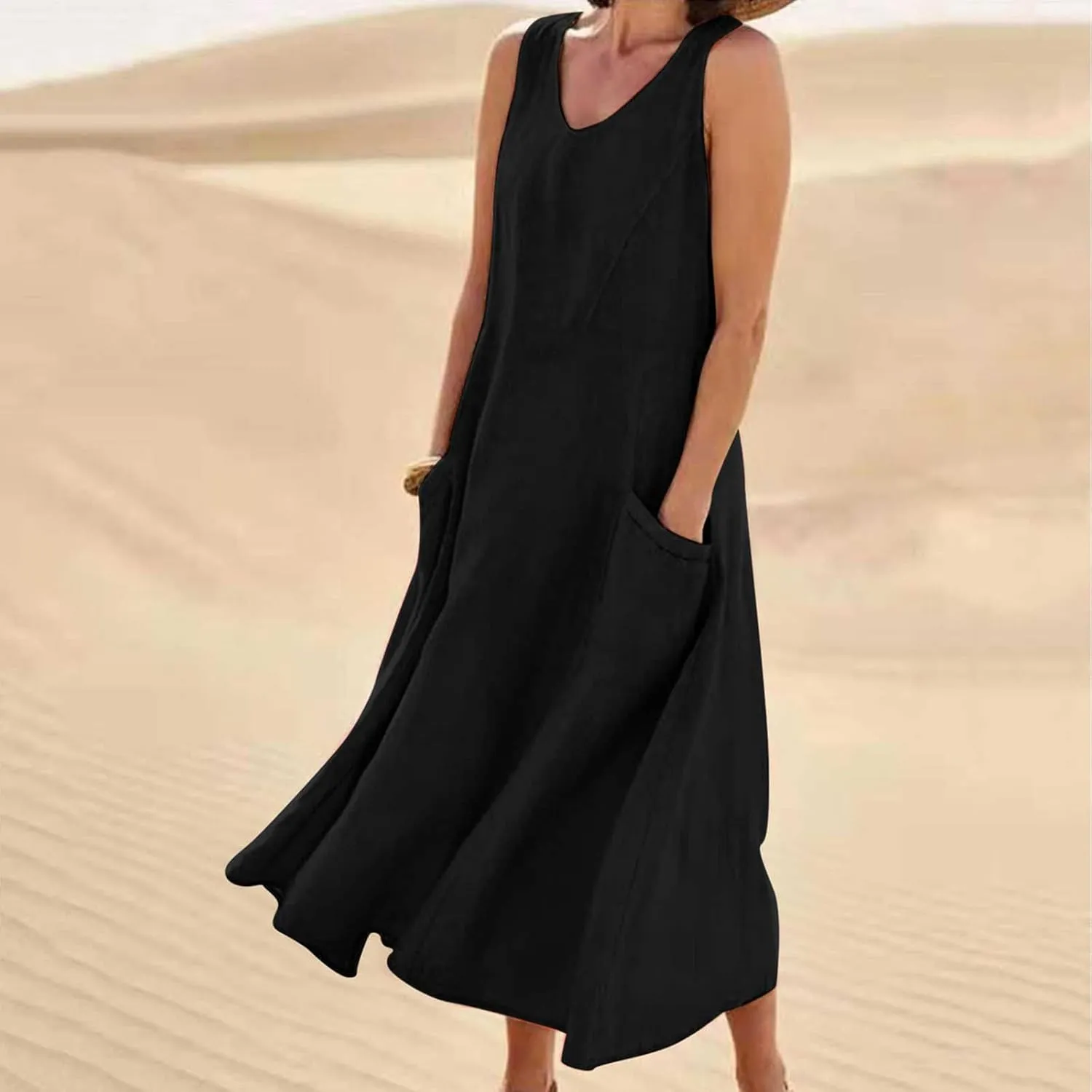Linen Dresses for Women 2025 Casual Sleeveless Crewneck Cotton Dresses Summer Beach Flowy Long Maxi Dress