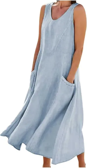 Linen Dresses for Women 2025 Casual Sleeveless Crewneck Cotton Dresses Summer Beach Flowy Long Maxi Dress