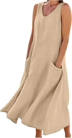 Linen Dresses for Women 2025 Casual Sleeveless Crewneck Cotton Dresses Summer Beach Flowy Long Maxi Dress