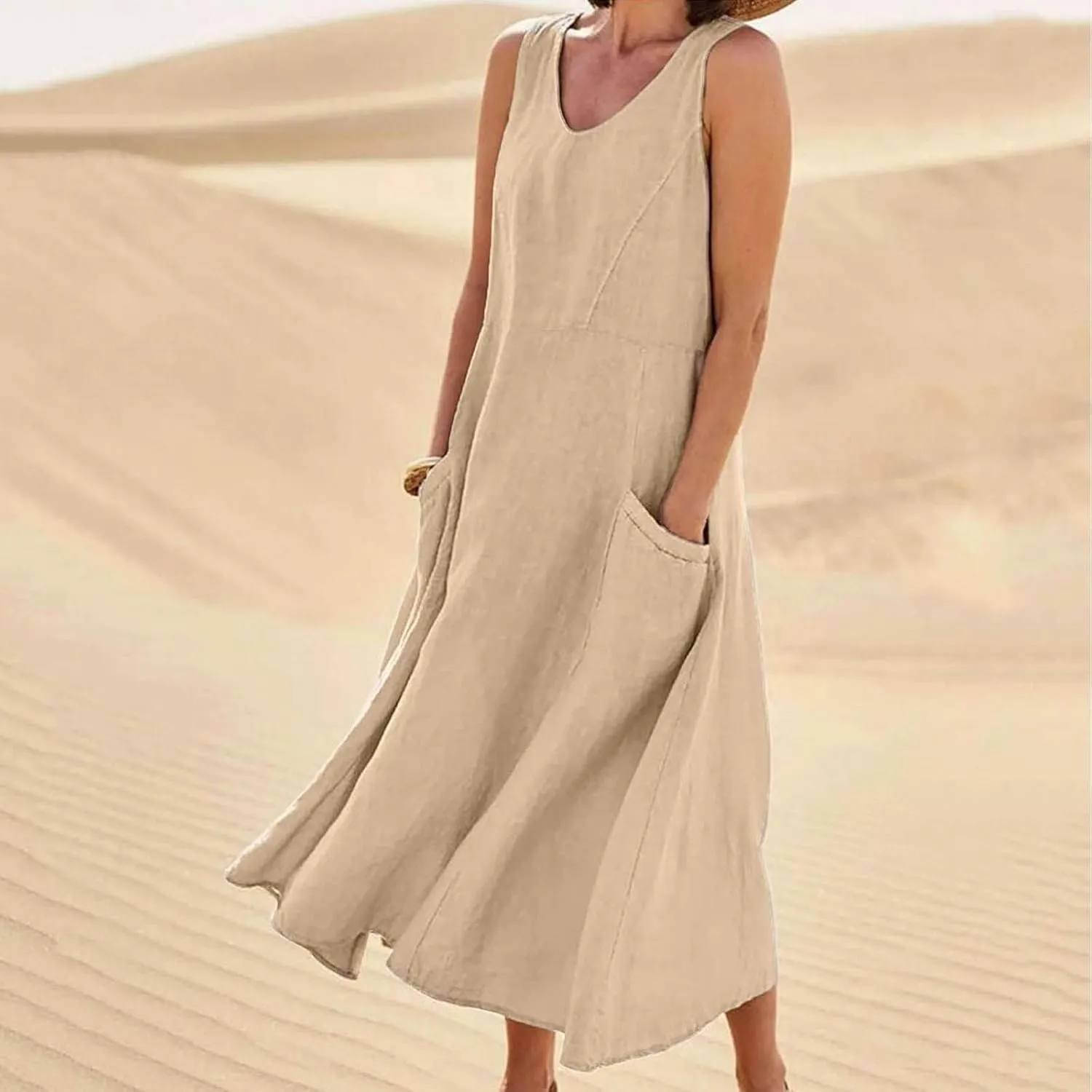 Linen Dresses for Women 2025 Casual Sleeveless Crewneck Cotton Dresses Summer Beach Flowy Long Maxi Dress