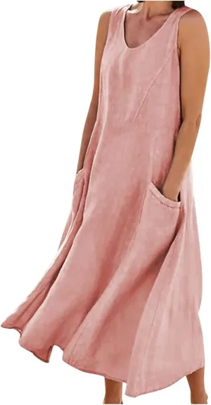 Linen Dresses for Women 2025 Casual Sleeveless Crewneck Cotton Dresses Summer Beach Flowy Long Maxi Dress
