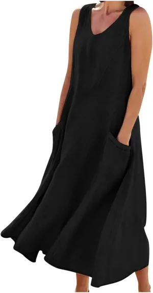 Linen Dresses for Women 2025 Casual Sleeveless Crewneck Cotton Dresses Summer Beach Flowy Long Maxi Dress