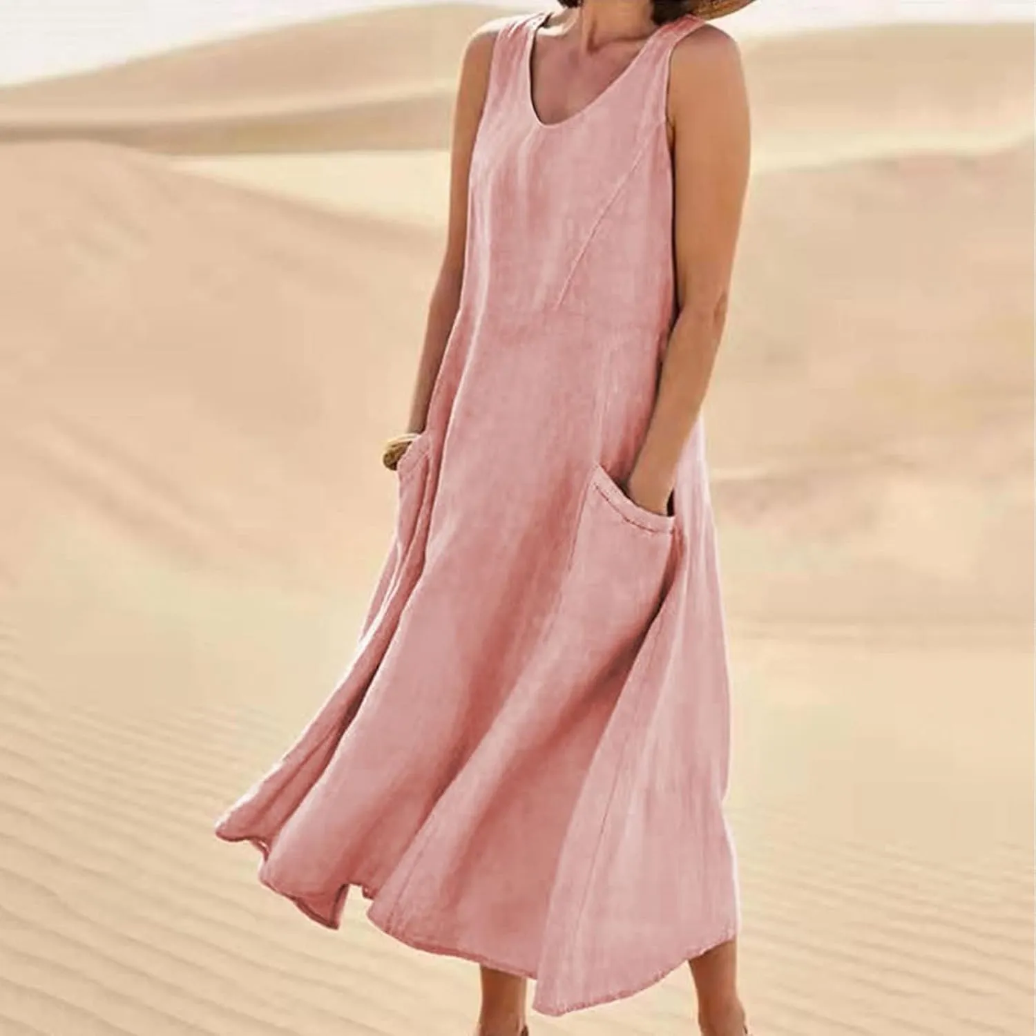 Linen Dresses for Women 2025 Casual Sleeveless Crewneck Cotton Dresses Summer Beach Flowy Long Maxi Dress
