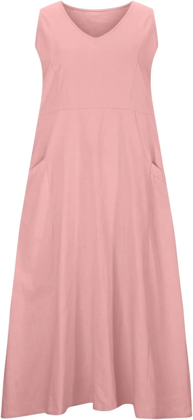 Linen Dresses for Women 2025 Casual Sleeveless Crewneck Cotton Dresses Summer Beach Flowy Long Maxi Dress