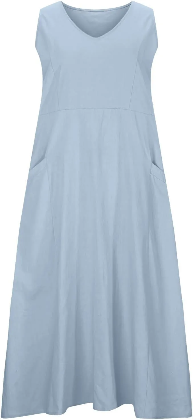Linen Dresses for Women 2025 Casual Sleeveless Crewneck Cotton Dresses Summer Beach Flowy Long Maxi Dress