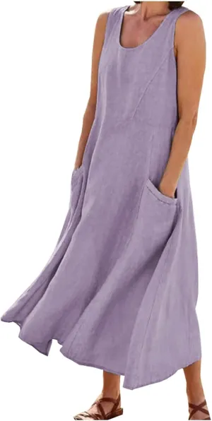Linen Dresses for Women 2025 Casual Sleeveless Crewneck Cotton Dresses Summer Beach Flowy Long Maxi Dress