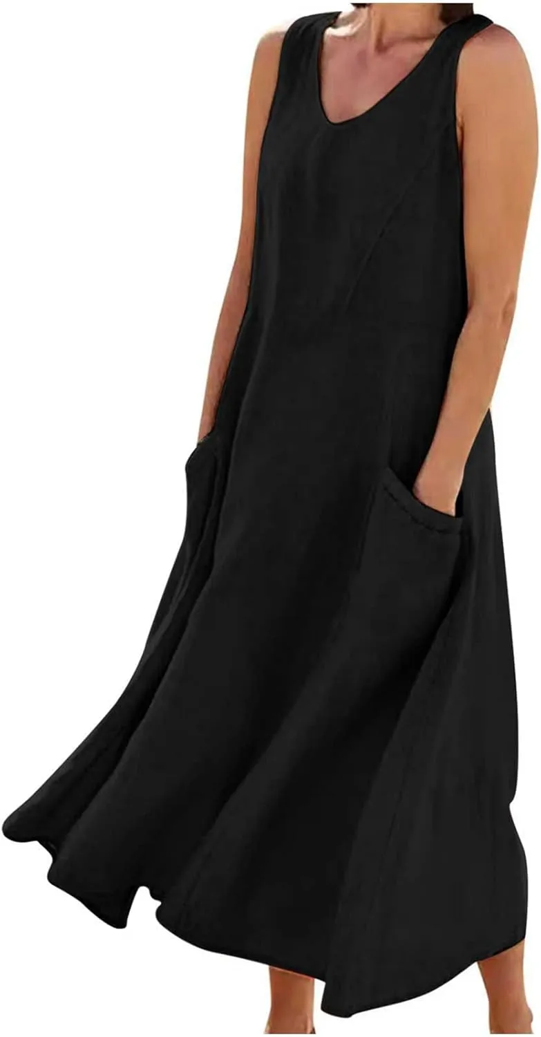Linen Dresses for Women 2025 Casual Sleeveless Crewneck Cotton Dresses Summer Beach Flowy Long Maxi Dress