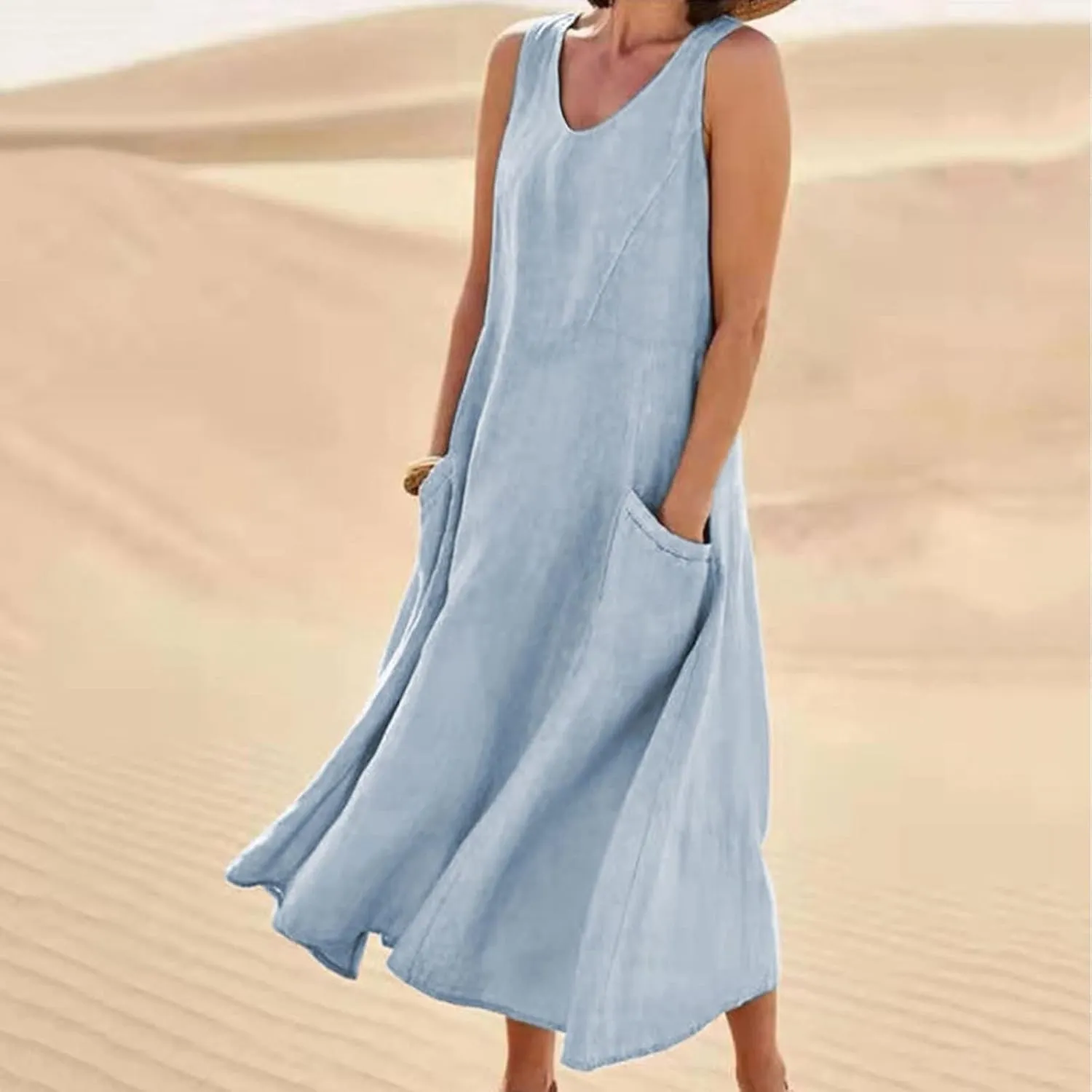 Linen Dresses for Women 2025 Casual Sleeveless Crewneck Cotton Dresses Summer Beach Flowy Long Maxi Dress
