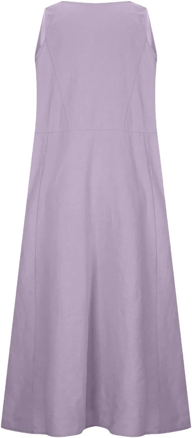 Linen Dresses for Women 2025 Casual Sleeveless Crewneck Cotton Dresses Summer Beach Flowy Long Maxi Dress