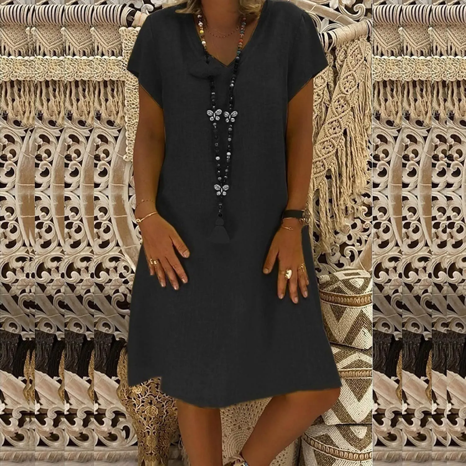 Linen Dresses for Women 2025 Summer Cap Sleeve Midi Dress Loose Comfy Travel Beach Vacation Sundresses Clothes