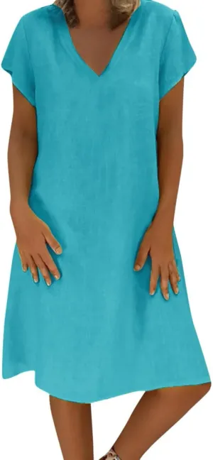 Linen Dresses for Women 2025 Summer Cap Sleeve Midi Dress Loose Comfy Travel Beach Vacation Sundresses Clothes