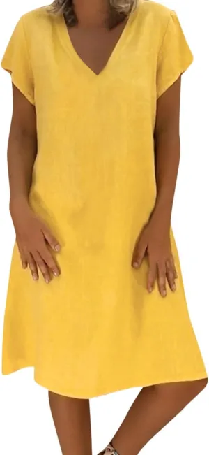 Linen Dresses for Women 2025 Summer Cap Sleeve Midi Dress Loose Comfy Travel Beach Vacation Sundresses Clothes