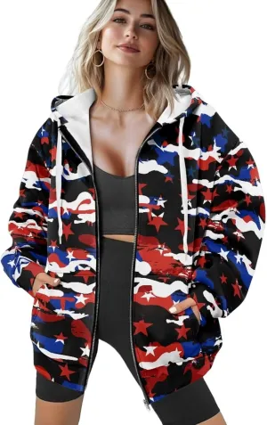 Loose Thin Jacket for Women Long Sleeve Zip Up Hoodies Teen Girls Hooded Sweatshirt Trendy Print Pullover