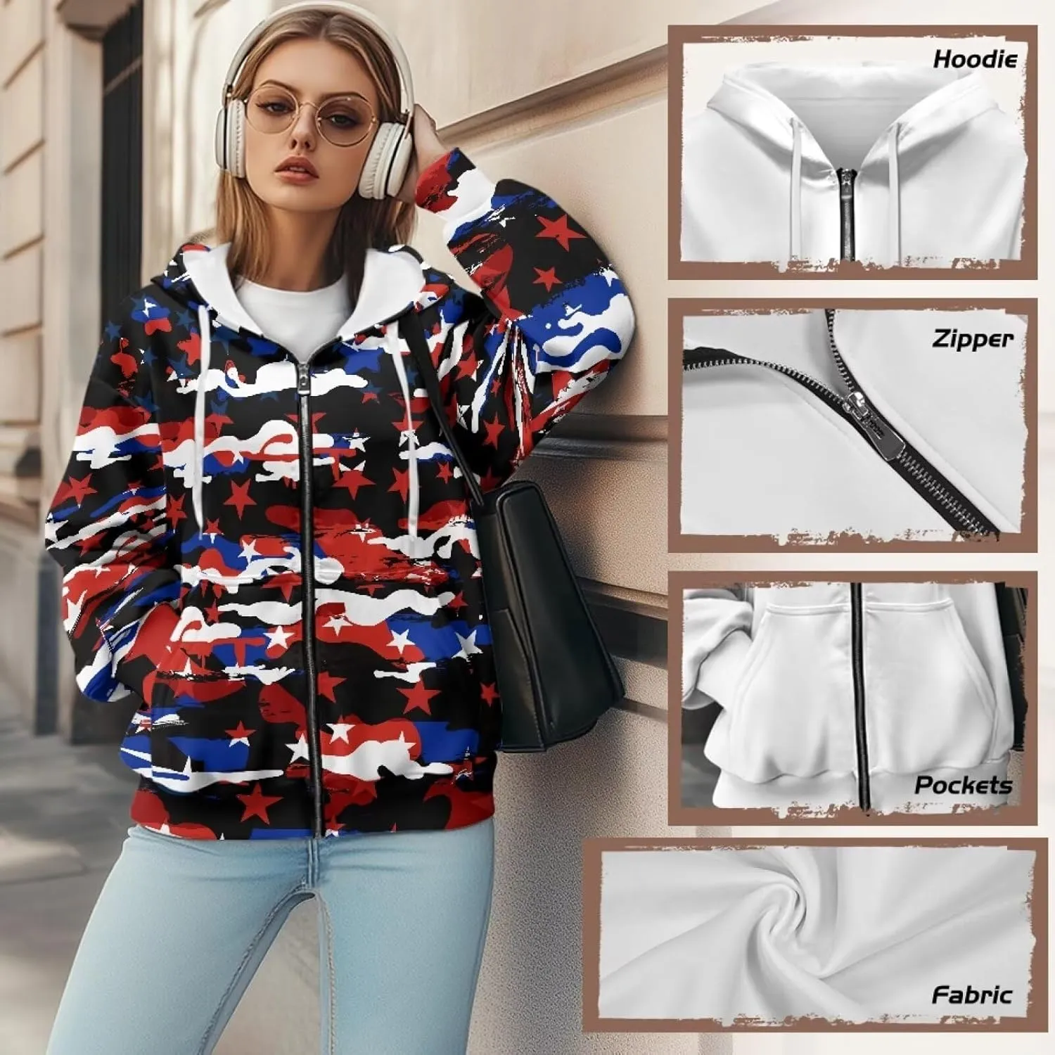 Loose Thin Jacket for Women Long Sleeve Zip Up Hoodies Teen Girls Hooded Sweatshirt Trendy Print Pullover
