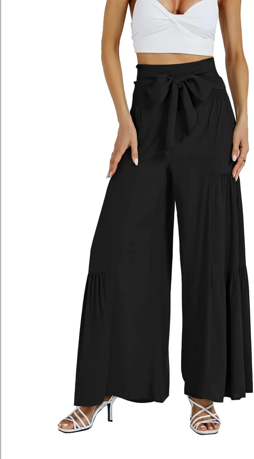 LYANER Women's Casual Tie Front Smocked High Waist Wide Leg Pleated Palazzo Lounge Pant