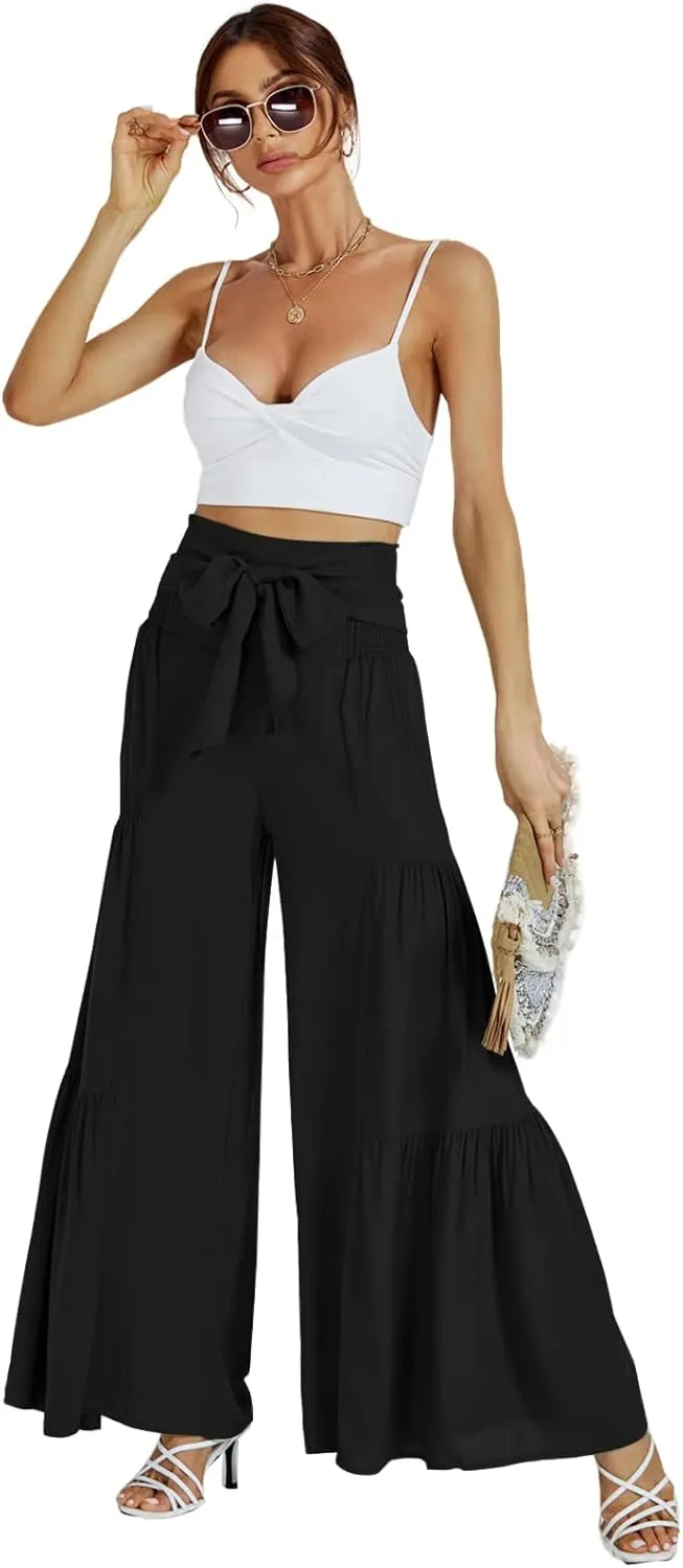 LYANER Women's Casual Tie Front Smocked High Waist Wide Leg Pleated Palazzo Lounge Pant