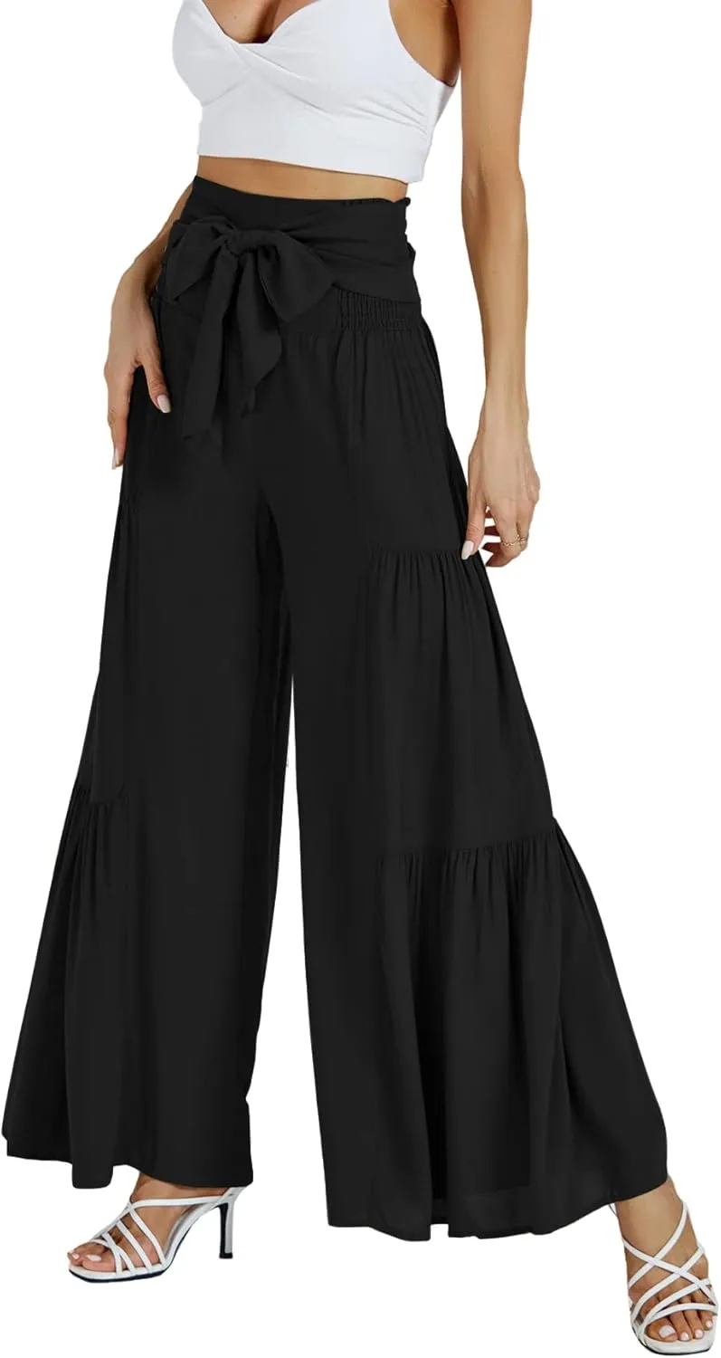 LYANER Women's Casual Tie Front Smocked High Waist Wide Leg Pleated Palazzo Lounge Pant