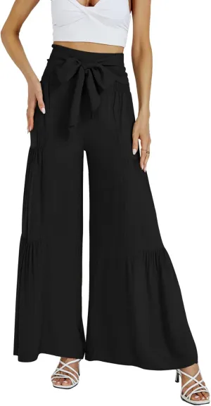 LYANER Women's Casual Tie Front Smocked High Waist Wide Leg Pleated Palazzo Lounge Pant