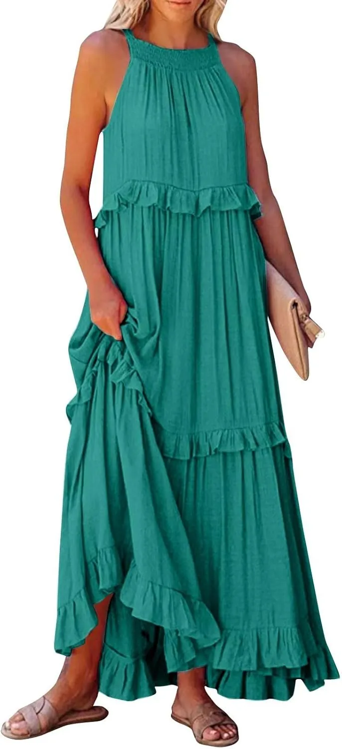 Maxi Dresses for Women 2025 Vacation Swing Flowy Tiered Dress Pretty Garden Halter Neck Long Smocked Ruffle Dresses