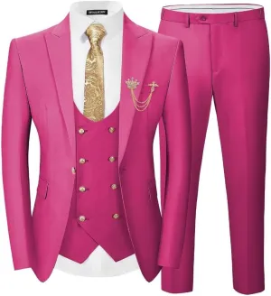 Men 3 Pieces Suits Slim Fit Wedding Prom Solid Blazer Double Breasted Vest and Pants Gold Button Tuxedo Set