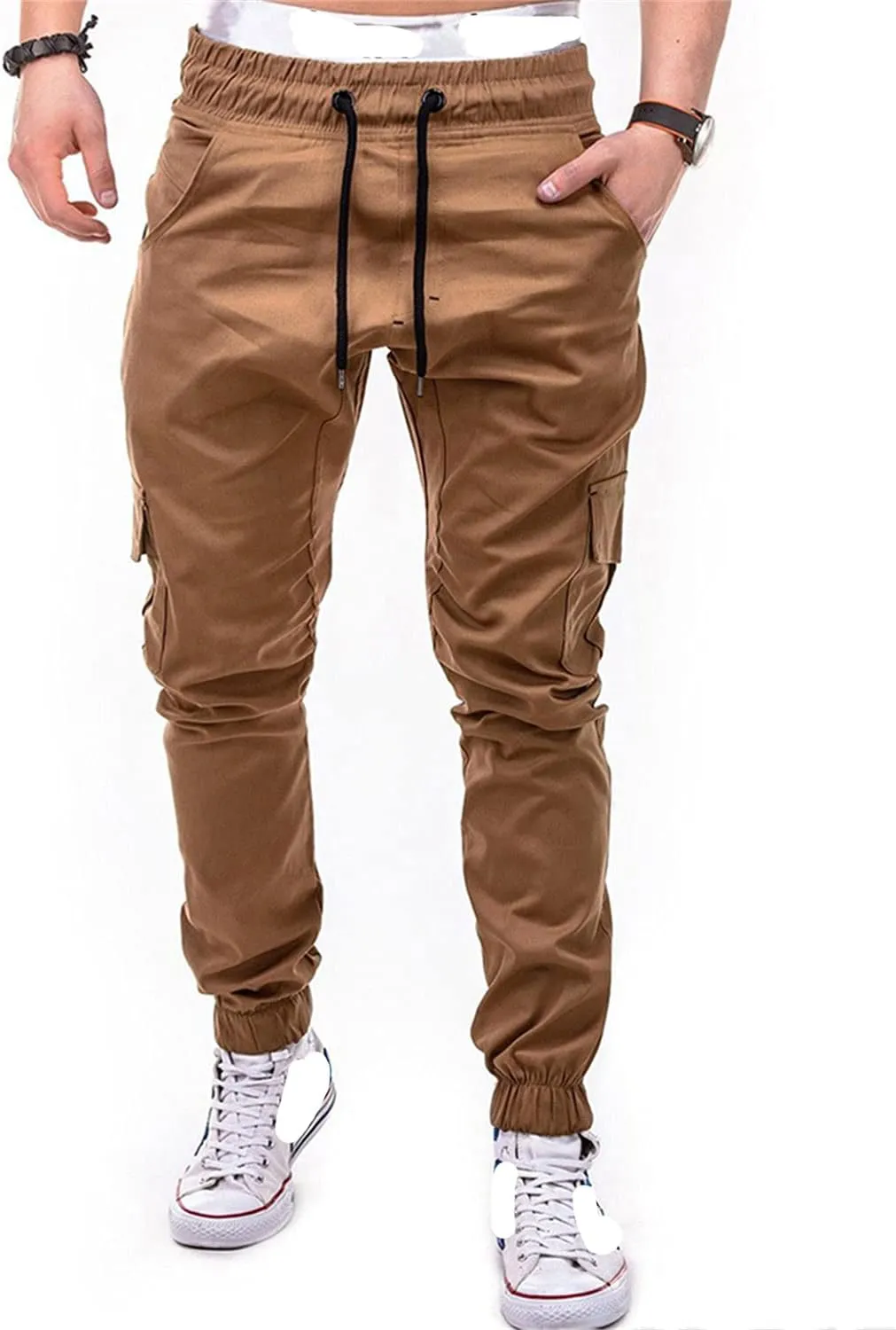 Men Slim Fit Casual Jogger Athletic Long Pant Hip Hop Chino Pocket Trousers Drawstring Outdoor Work Military Tactical Pants (Khaki,Small)