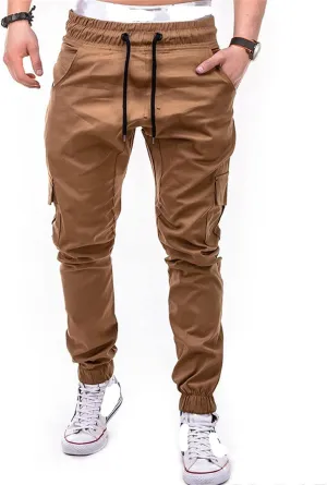 Men Slim Fit Casual Jogger Athletic Long Pant Hip Hop Chino Pocket Trousers Drawstring Outdoor Work Military Tactical Pants (Khaki,Small)