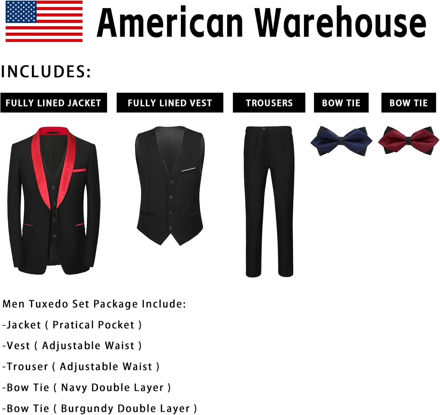 Men Suits Slim Fit 3 Pieces Sets Tuxedo Blazer Vest Pants Shawl Lapel Bow Ties for Prom Party Wedding Business Dinner