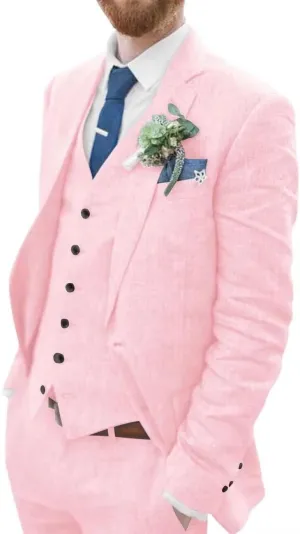 Mens 3 Pieces Summer Linen Suit Beach Wedding Suits Slim Fit Casual Linen Lightweight Suits Jacket Blazer Vest Pants