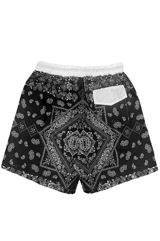 Men's Black Paisley Bandana Print Swimming Shorts