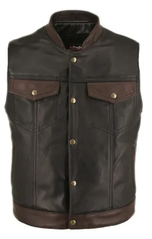 Men's Made in USA Horsehide Stand up Collar Leather Two Tone Motorcycle Vest