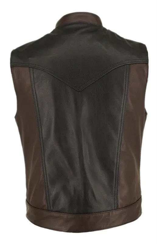 Men's Made in USA Horsehide Stand up Collar Leather Two Tone Motorcycle Vest