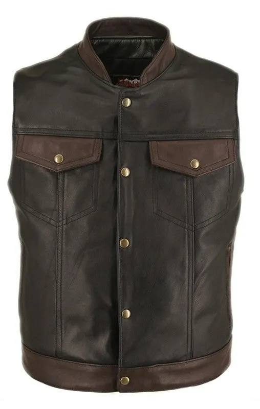 Men's Made in USA Horsehide Stand up Collar Leather Two Tone Motorcycle Vest