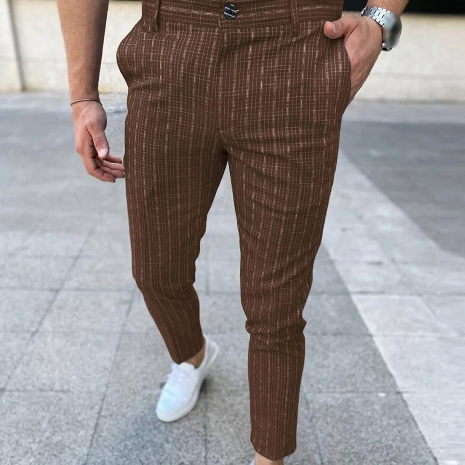 Men's Plaid Casual Dress Pants Stripe Printed Chino Pencil Trousers Slim Fit Stretch Flat Front Skinny Pant