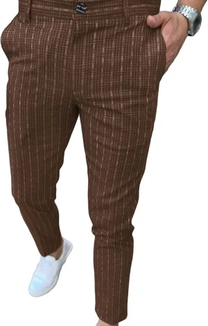 Men's Plaid Casual Dress Pants Stripe Printed Chino Pencil Trousers Slim Fit Stretch Flat Front Skinny Pant