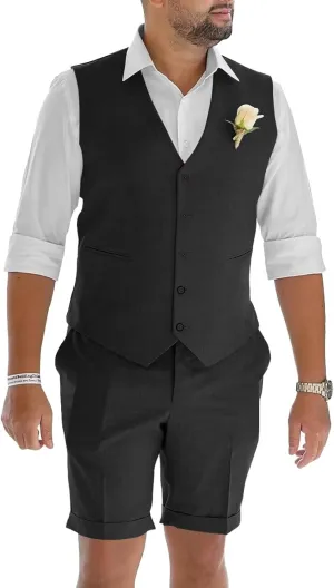 Mens Suits 2 Piece Casual Linen Suit for Men Retro Short Pants Suit Men Summer Beach Wedding Prom Vest Shorts Set